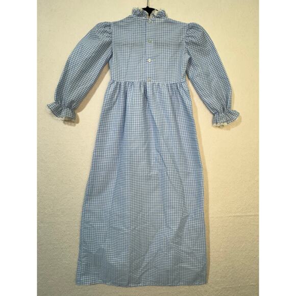 Baylis Brothers 70's VTG Blue & White Gingham Dress Girl 6X 3/4 Sleeve Lace Trim - Picture 2 of 8